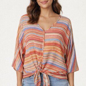 Ali Miles Top Size Small Orange Stripes Knot Front Artsy 3/4 Sleeves Art to Wear